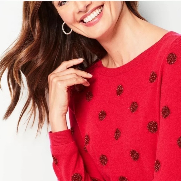 Talbots Tinsel-Dot Bateau Neck Sweater Red Size Medium Lambswool Blend Holiday - Picture 13 of 13